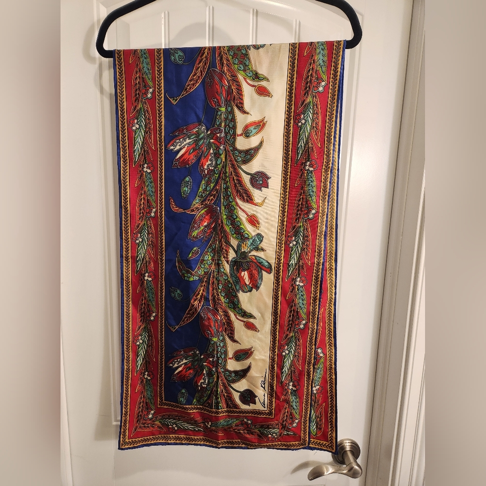 Anne Klein‎ Silk Scarf Womens 58" x 15" Blue Red Floral Botanical Print Signed